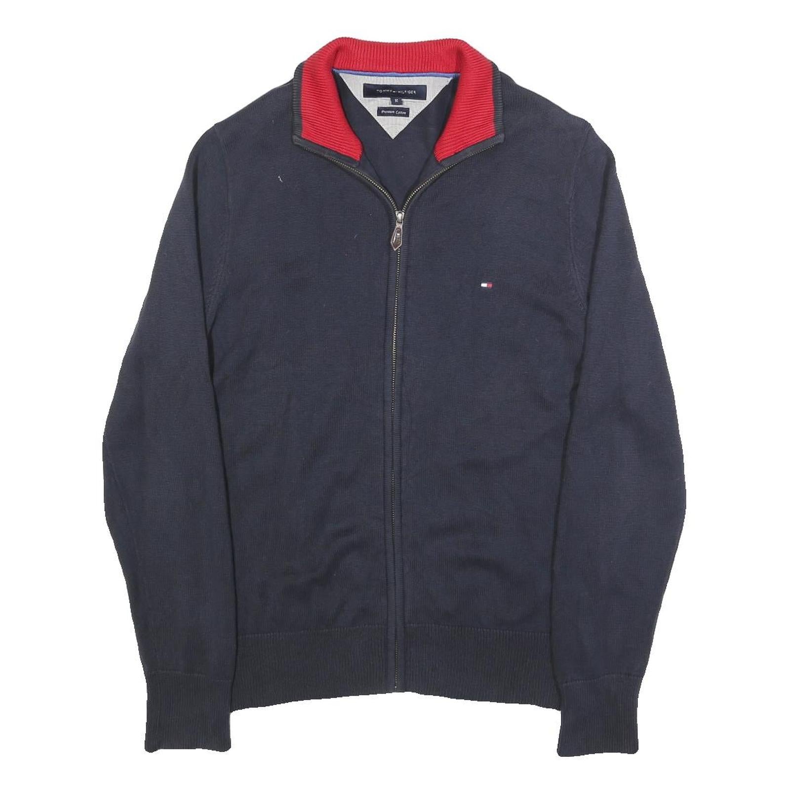 TOMMY HILFIGER Mens Navy & Red Plain Jumper Zip Crew Neck Cotton M