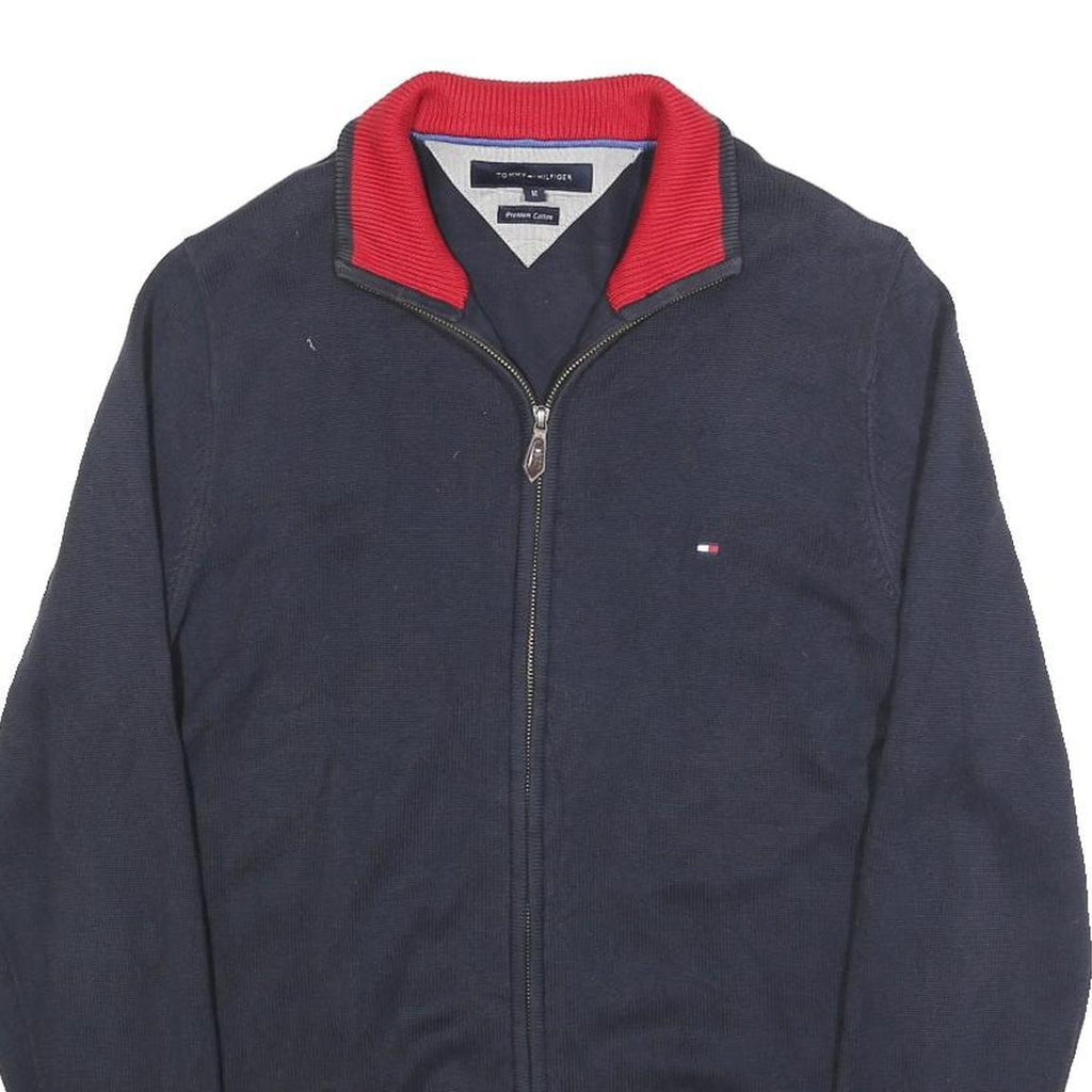 TOMMY HILFIGER Mens Navy & Red Plain Jumper Zip Crew Neck Cotton M