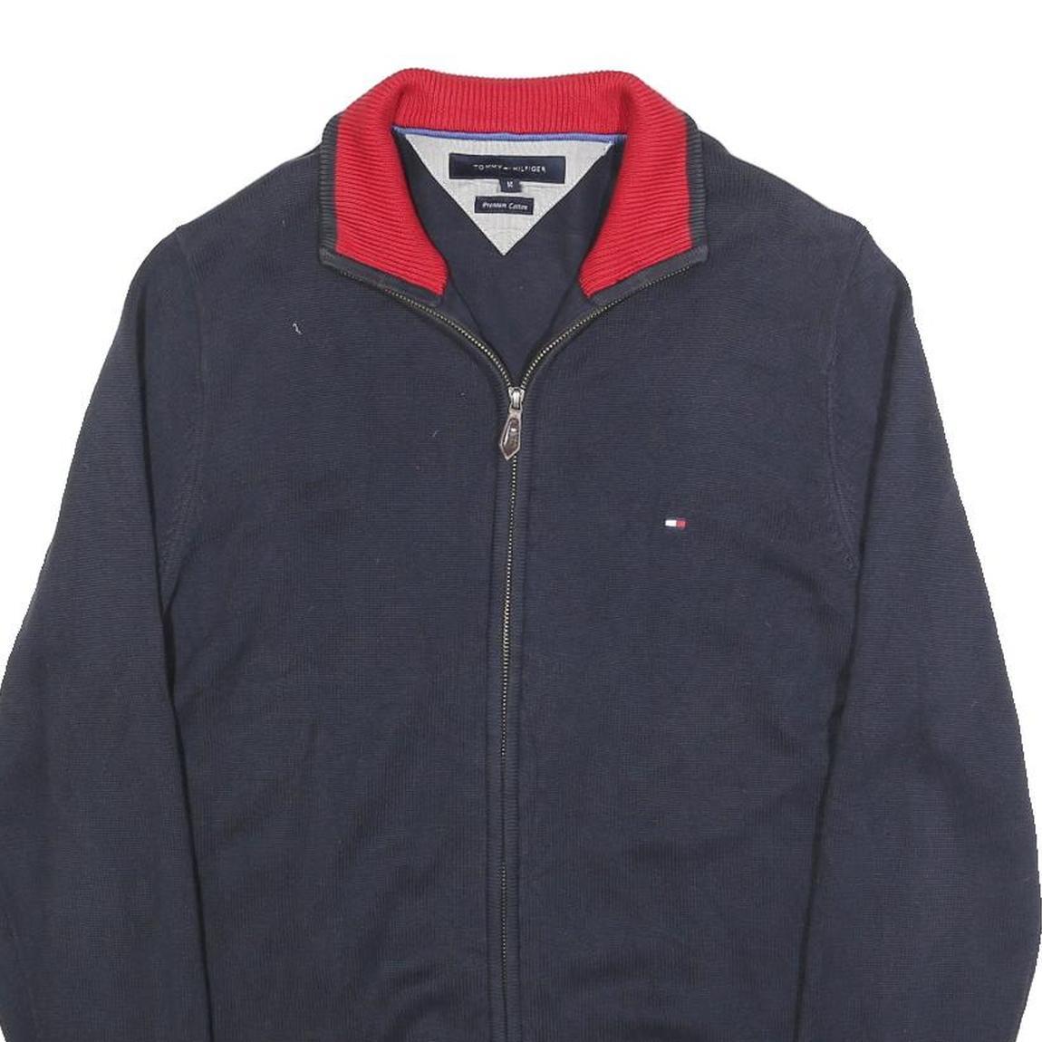 TOMMY HILFIGER Mens Navy & Red Plain Jumper Zip Crew Neck Cotton M