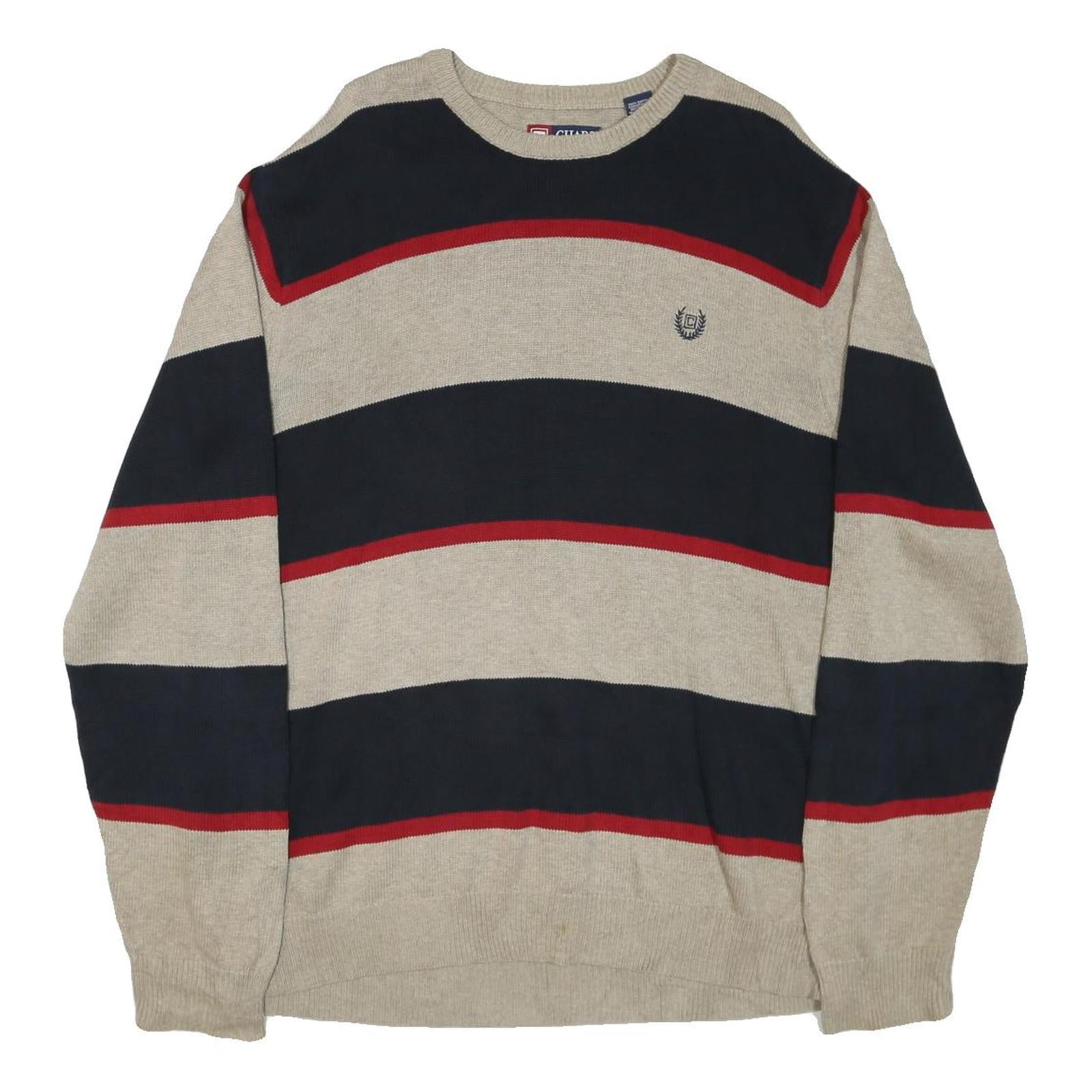 CHAPS Mens Beige & Navy Patterned Jumper Crew Neck Basic Knit L Cotton Blend