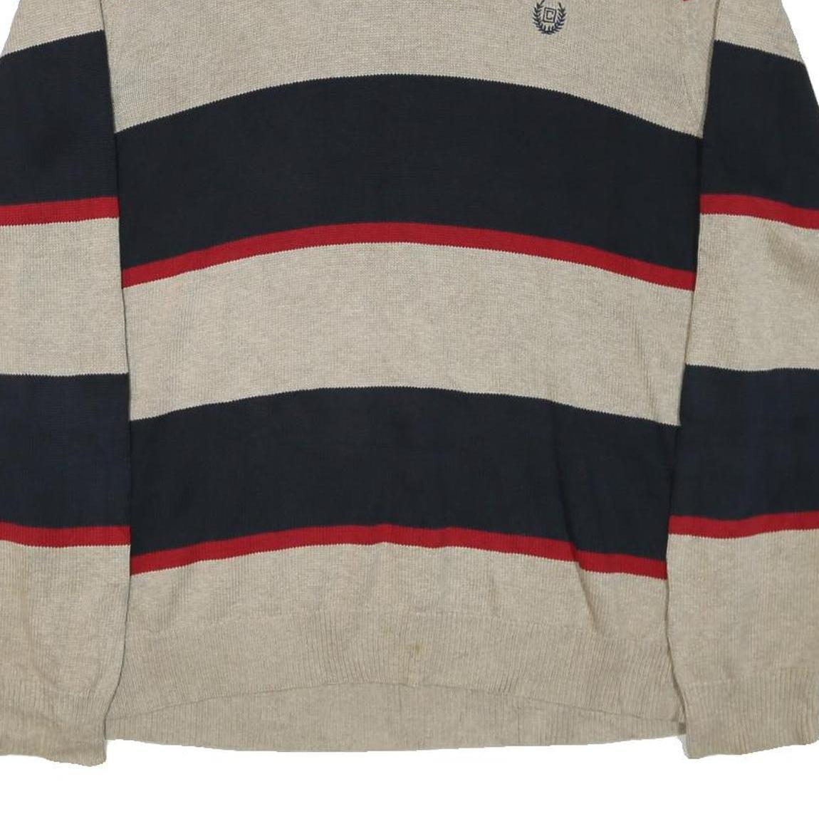 CHAPS Mens Beige & Navy Patterned Jumper Crew Neck Basic Knit L Cotton Blend