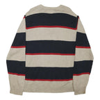 CHAPS Mens Beige & Navy Patterned Jumper Crew Neck Basic Knit L Cotton Blend