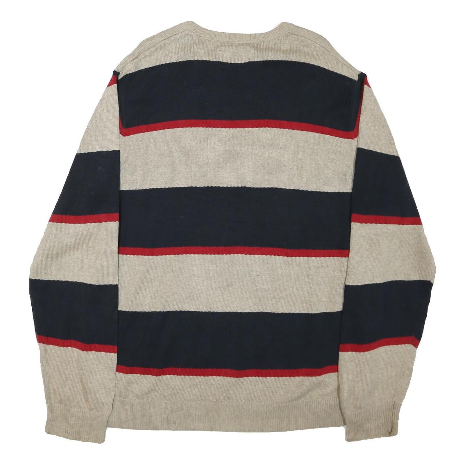 CHAPS Mens Beige & Navy Patterned Jumper Crew Neck Basic Knit L Cotton Blend