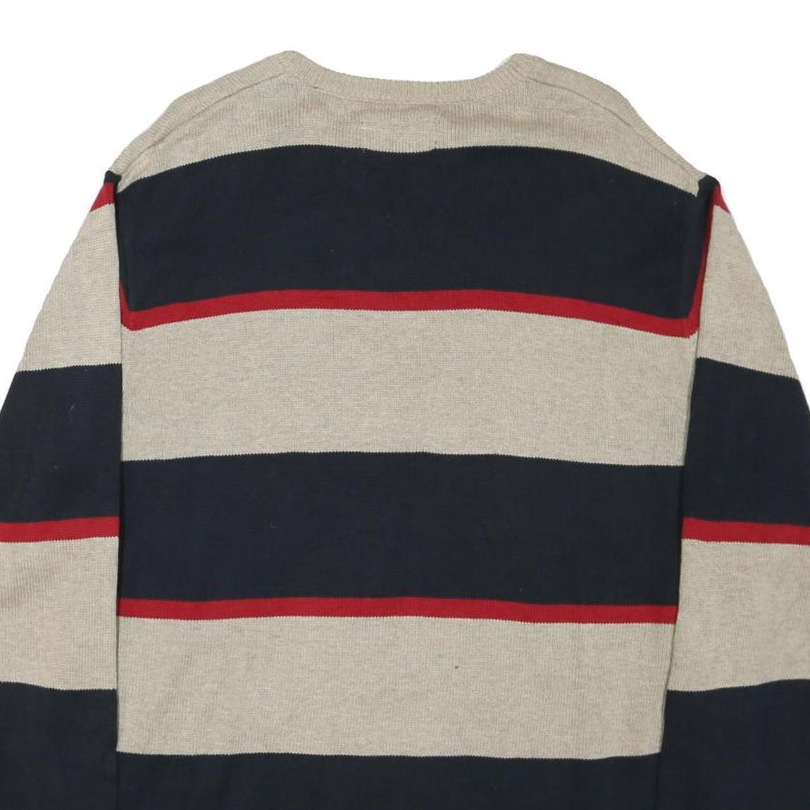CHAPS Mens Beige & Navy Patterned Jumper Crew Neck Basic Knit L Cotton Blend