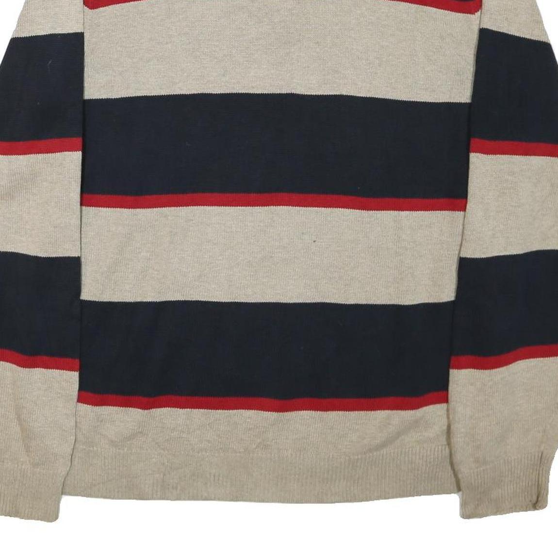 CHAPS Mens Beige & Navy Patterned Jumper Crew Neck Basic Knit L Cotton Blend