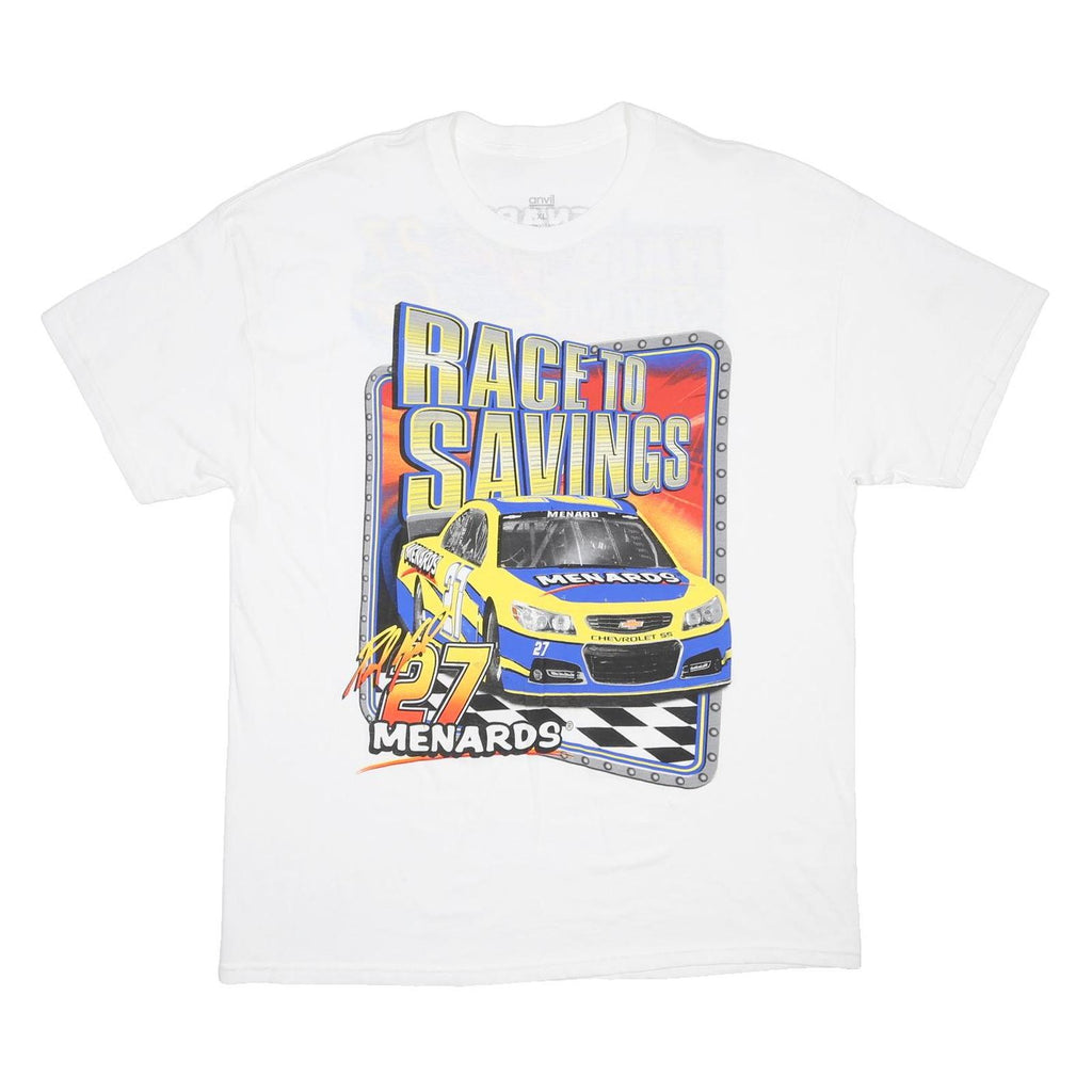 ANVIL Mens White Race To Savings NASCAR Graphic T-Shirt XL Crew Neck Short