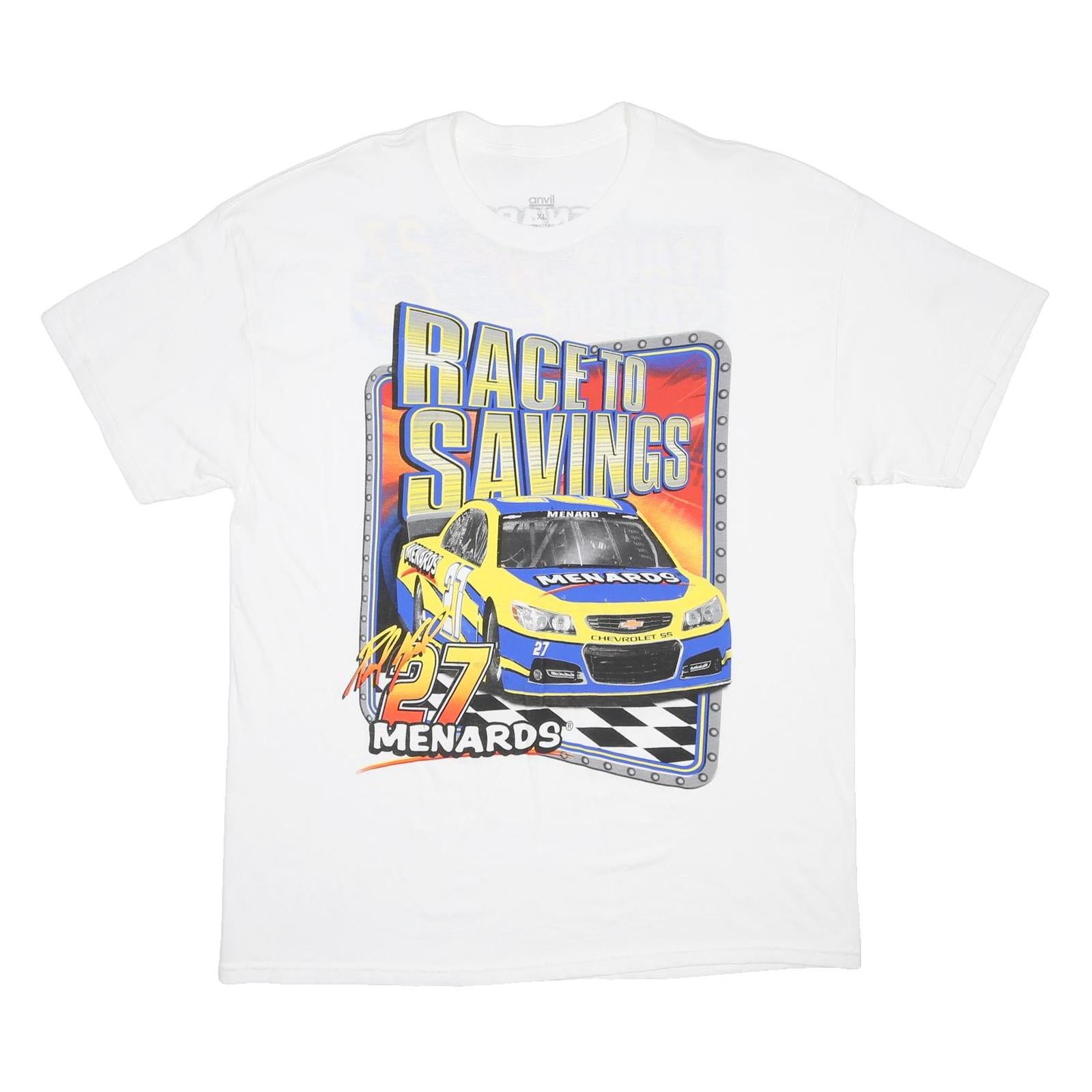 ANVIL Mens White Race To Savings NASCAR Graphic T-Shirt XL Crew Neck Short