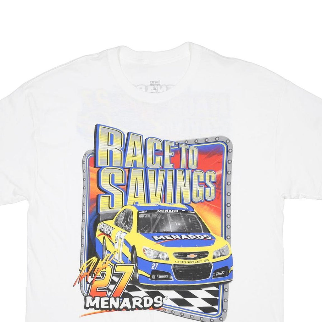 ANVIL Mens White Race To Savings NASCAR Graphic T-Shirt XL Crew Neck Short