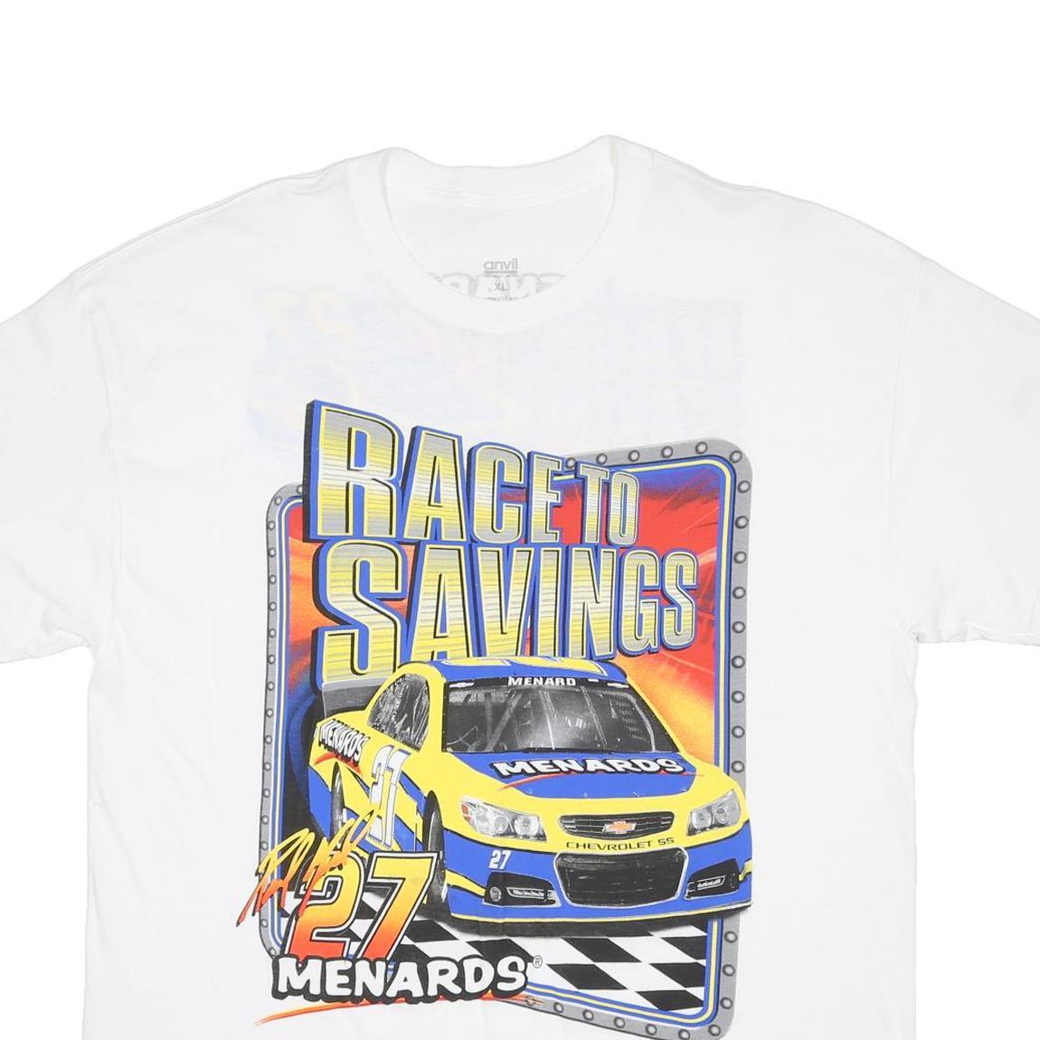 ANVIL Mens White Race To Savings NASCAR Graphic T-Shirt XL Crew Neck Short
