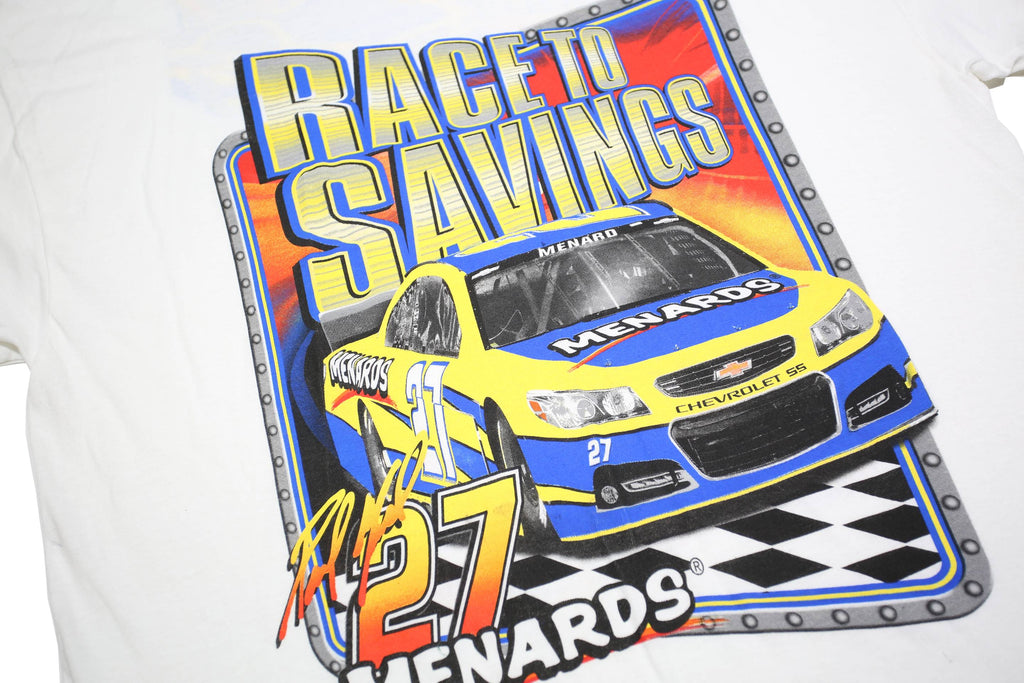 ANVIL Mens White Race To Savings NASCAR Graphic T-Shirt XL Crew Neck Short