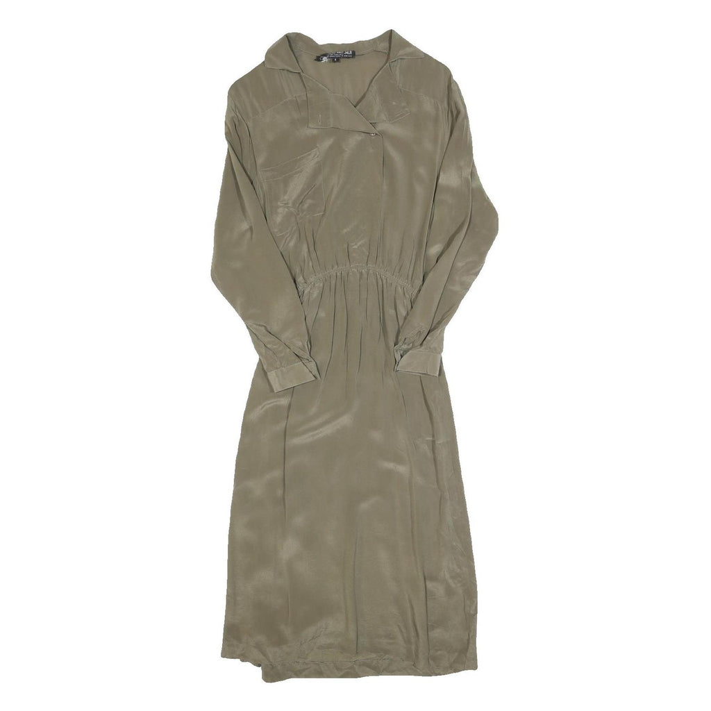 CAROLE LITTLE Womens Beige Silk Day Dress Long Sleeve Midi XS Elegant Waist Tie