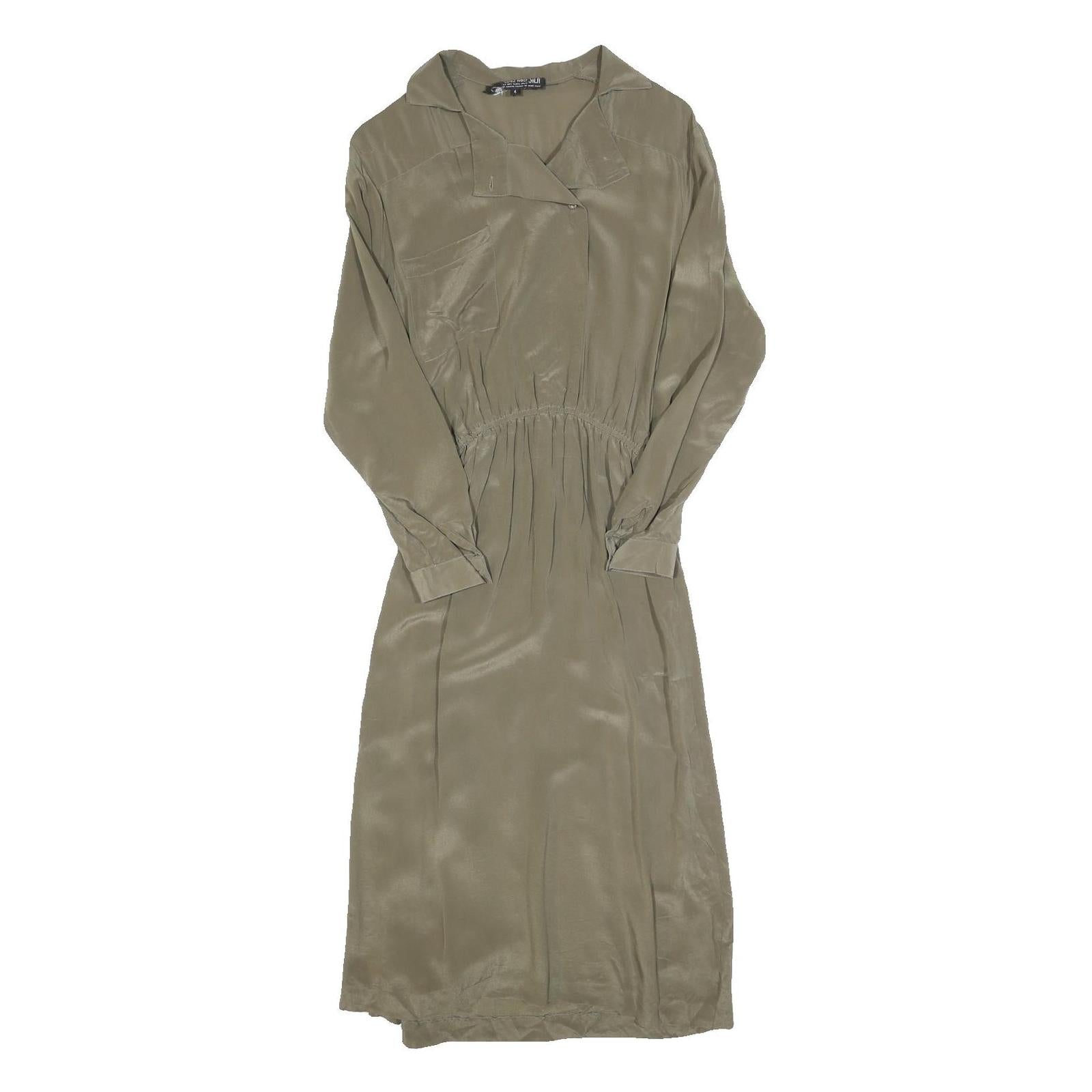 CAROLE LITTLE Womens Beige Silk Day Dress Long Sleeve Midi XS Elegant Waist Tie