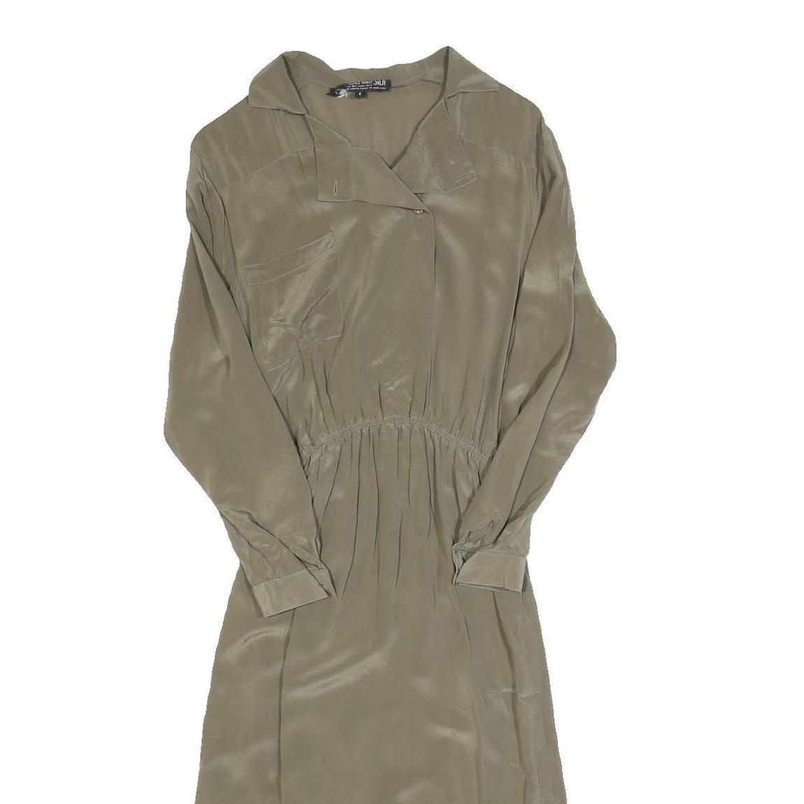 CAROLE LITTLE Womens Beige Silk Day Dress Long Sleeve Midi XS Elegant Waist Tie