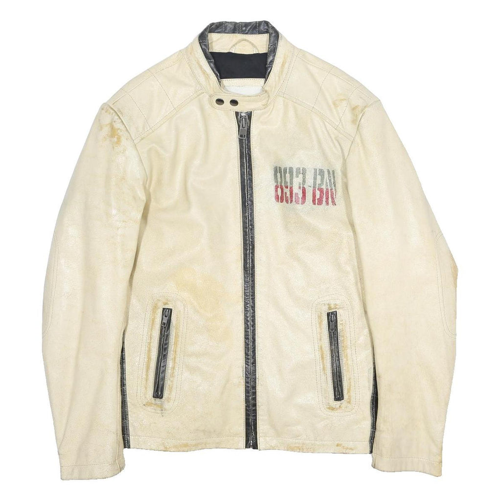 JACK & JONES Mens Cream & Black Leather Biker Jacket L Zip Pockets