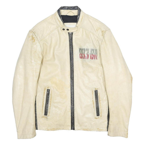 JACK & JONES Mens Cream & Black Leather Biker Jacket L Zip Pockets