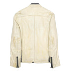 JACK & JONES Mens Cream & Black Leather Biker Jacket L Zip Pockets