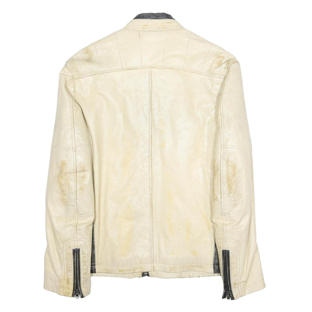 JACK & JONES Mens Cream & Black Leather Biker Jacket L Zip Pockets