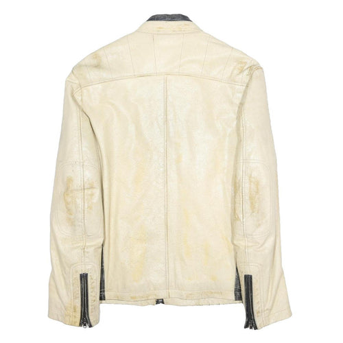 JACK & JONES Mens Cream & Black Leather Biker Jacket L Zip Pockets