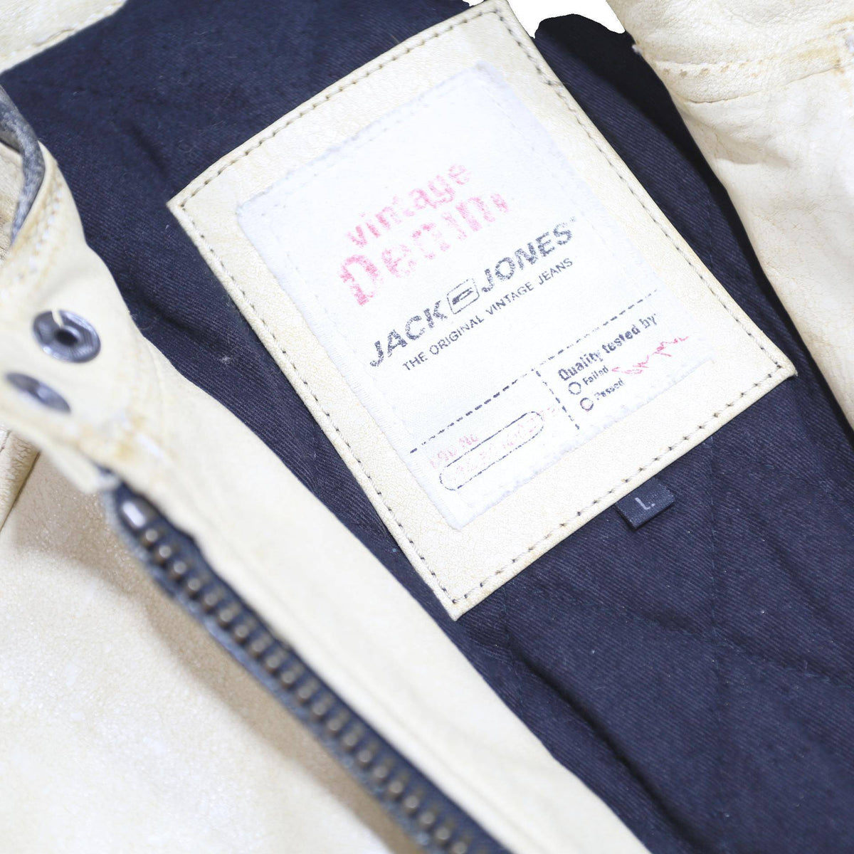 JACK & JONES Mens Cream & Black Leather Biker Jacket L Zip Pockets