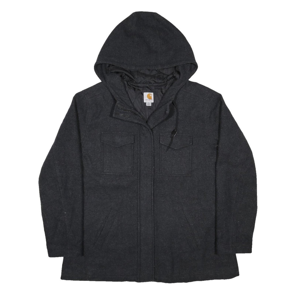 CARHARTT Womens Black Wool Blend Hoodie Jacket XL Woven Zip Hooded Workwear