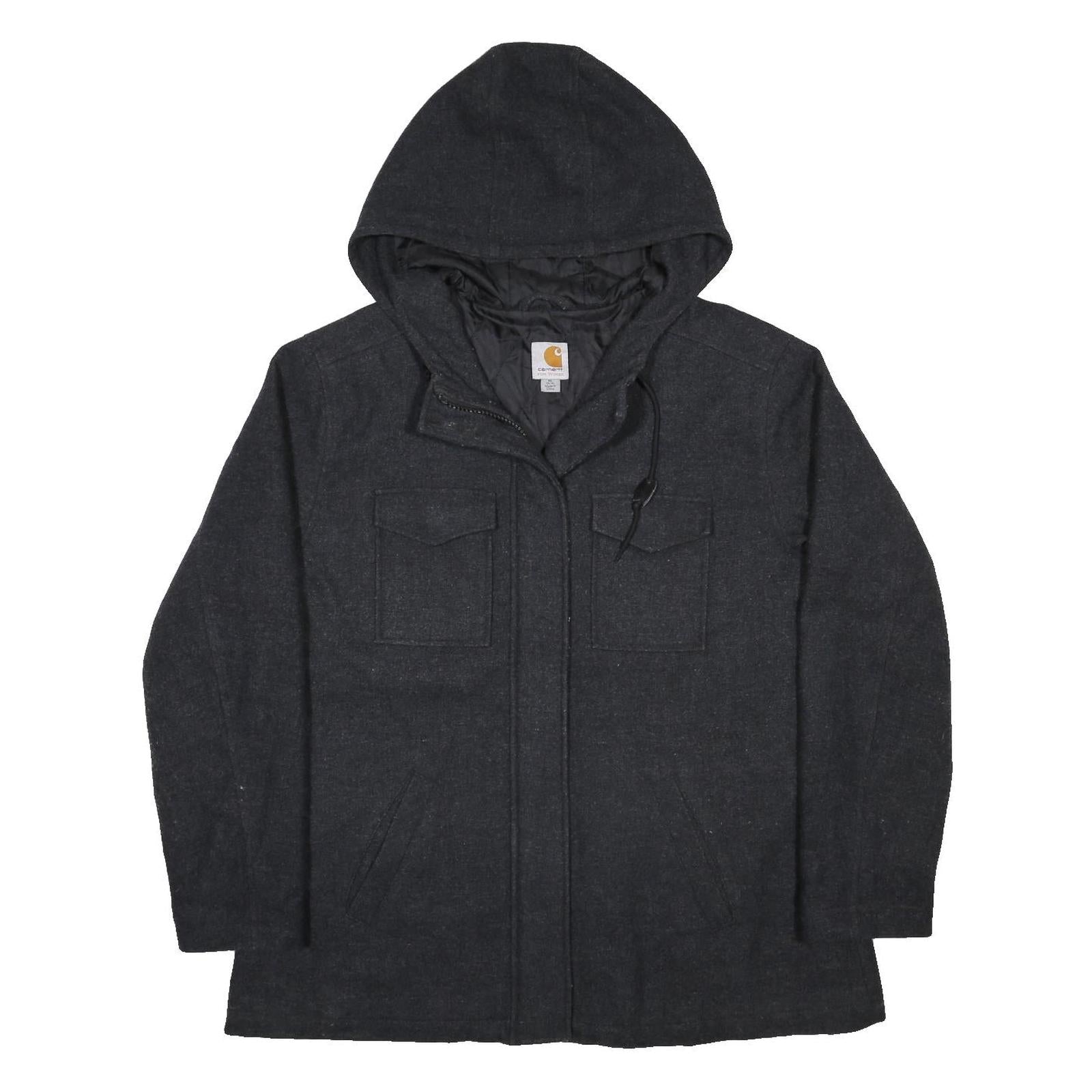 CARHARTT Womens Black Wool Blend Hoodie Jacket XL Woven Zip Hooded Workwear
