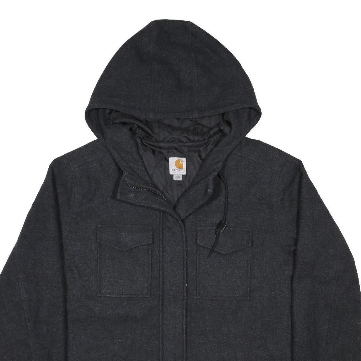 CARHARTT Womens Black Wool Blend Hoodie Jacket XL Woven Zip Hooded Workwear