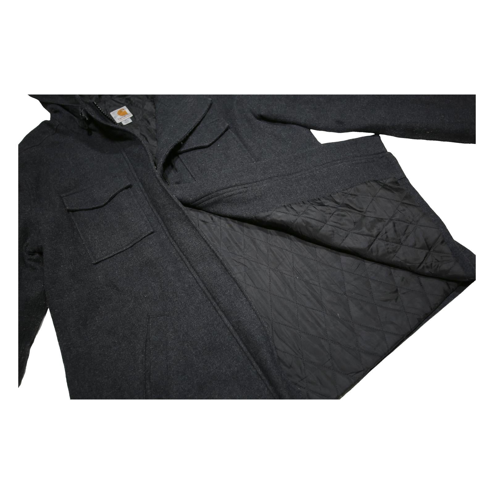 CARHARTT Womens Black Wool Blend Hoodie Jacket XL Woven Zip Hooded Workwear