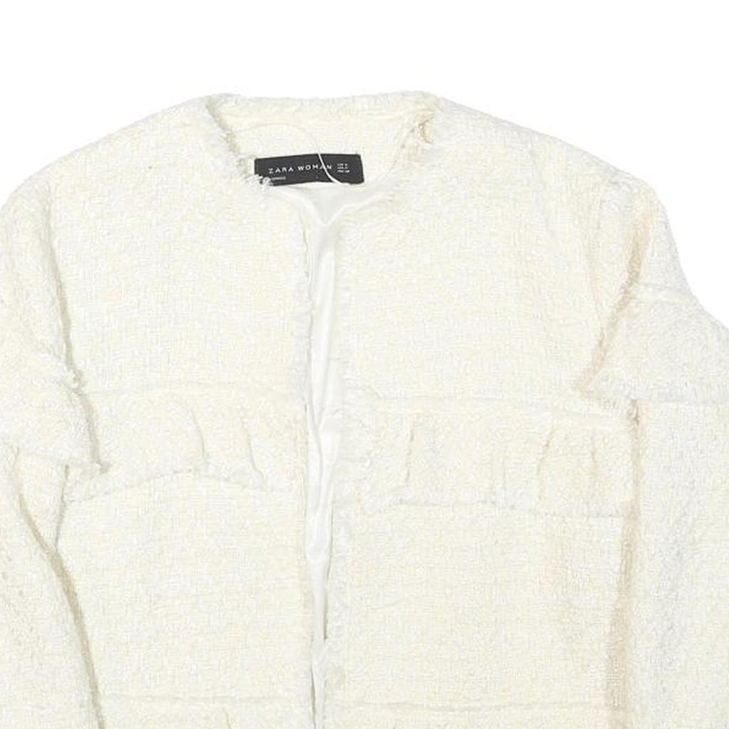 ZARA WOMAN Womens White Cream Cotton Blend Jacket M Woven Ruffle Detail Stylish