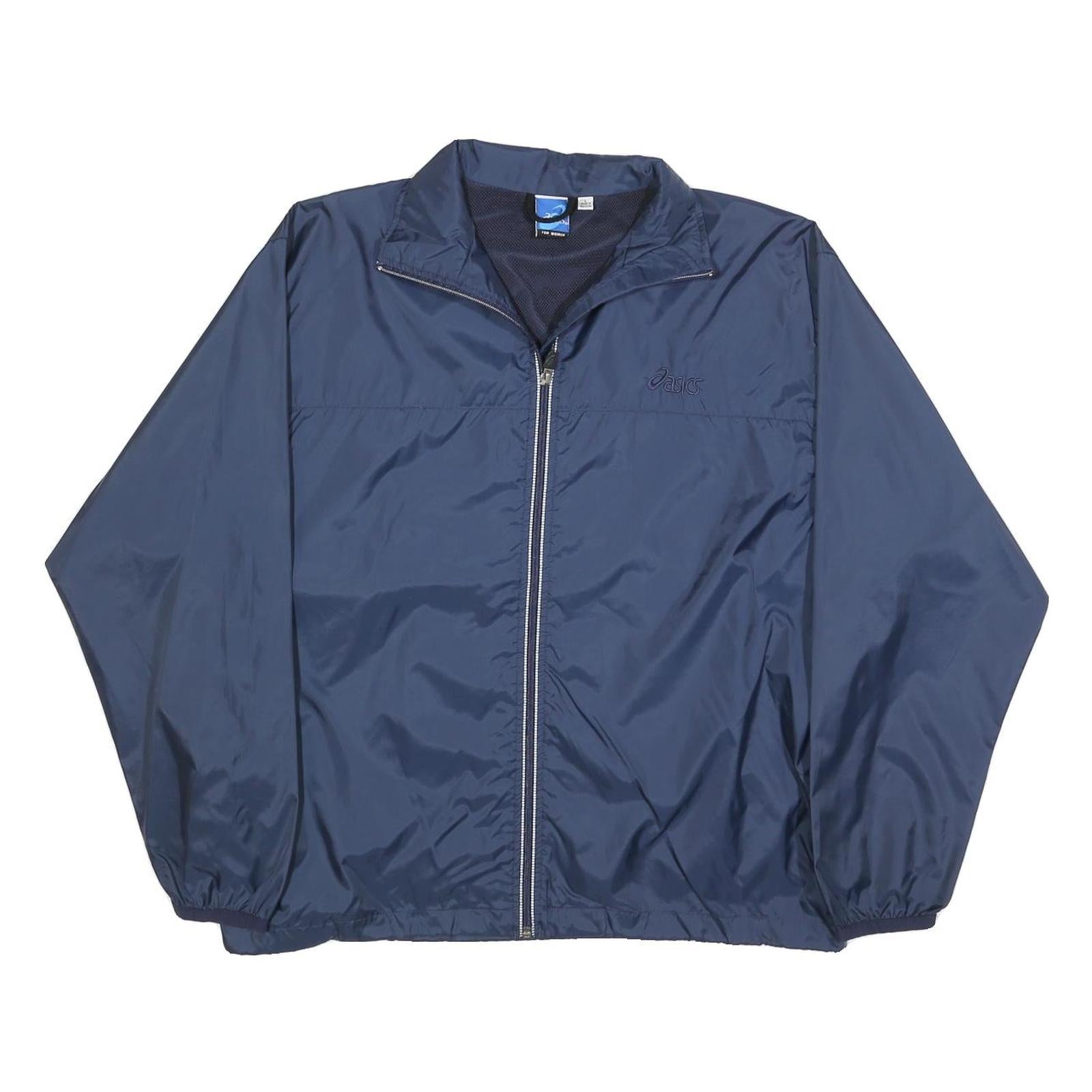 ASICS Womens Navy Blue Outdoor Jacket L Nylon Plain Zip Athletic Lightweight