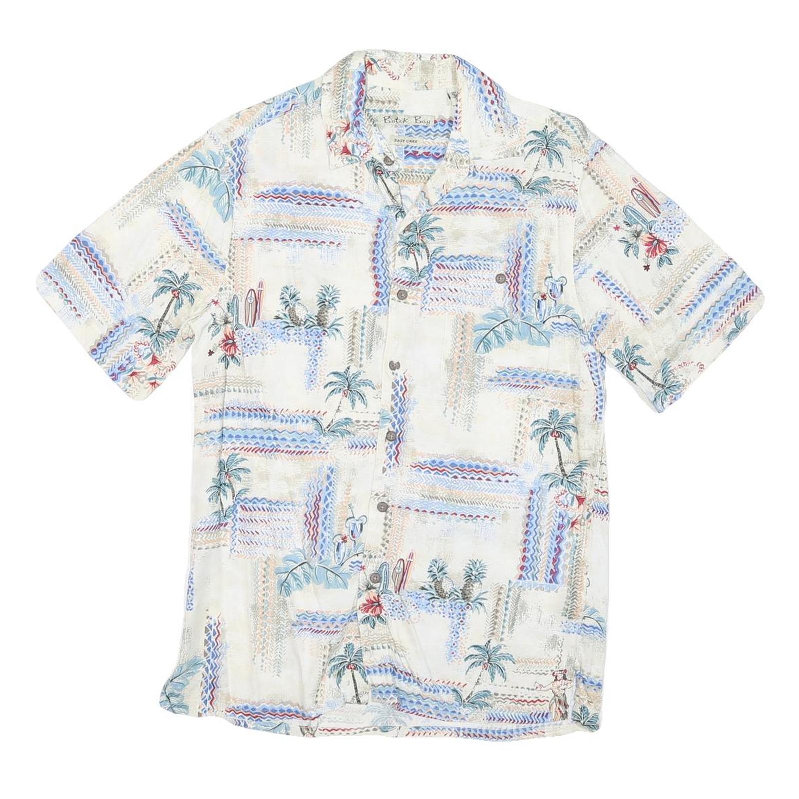BATICK BAY Mens White Hawaiian Rayon Shirt S Tropical Palm Print Summer