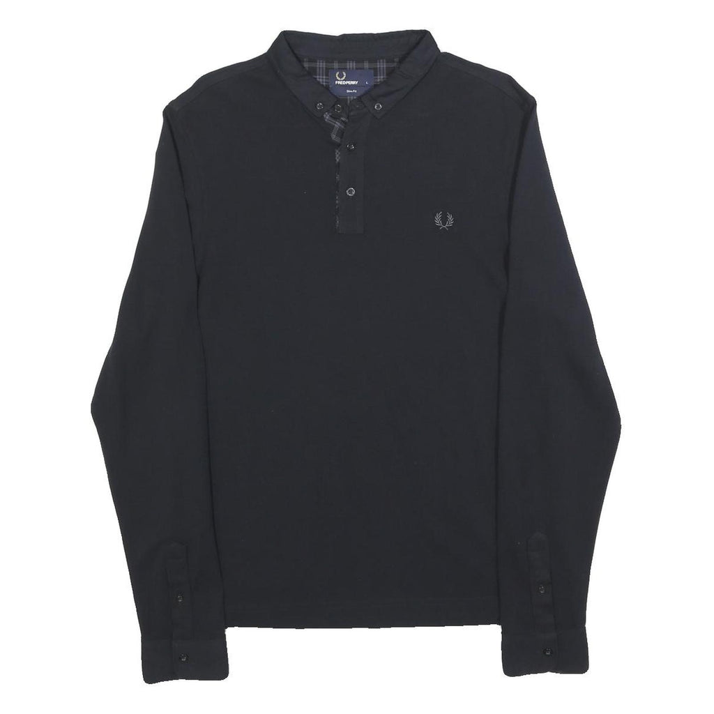 FRED PERRY Mens Black Long Sleeve Plain L Cotton Blend Polo Shirt Button Collar