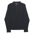 FRED PERRY Mens Black Long Sleeve Plain L Cotton Blend Polo Shirt Button Collar