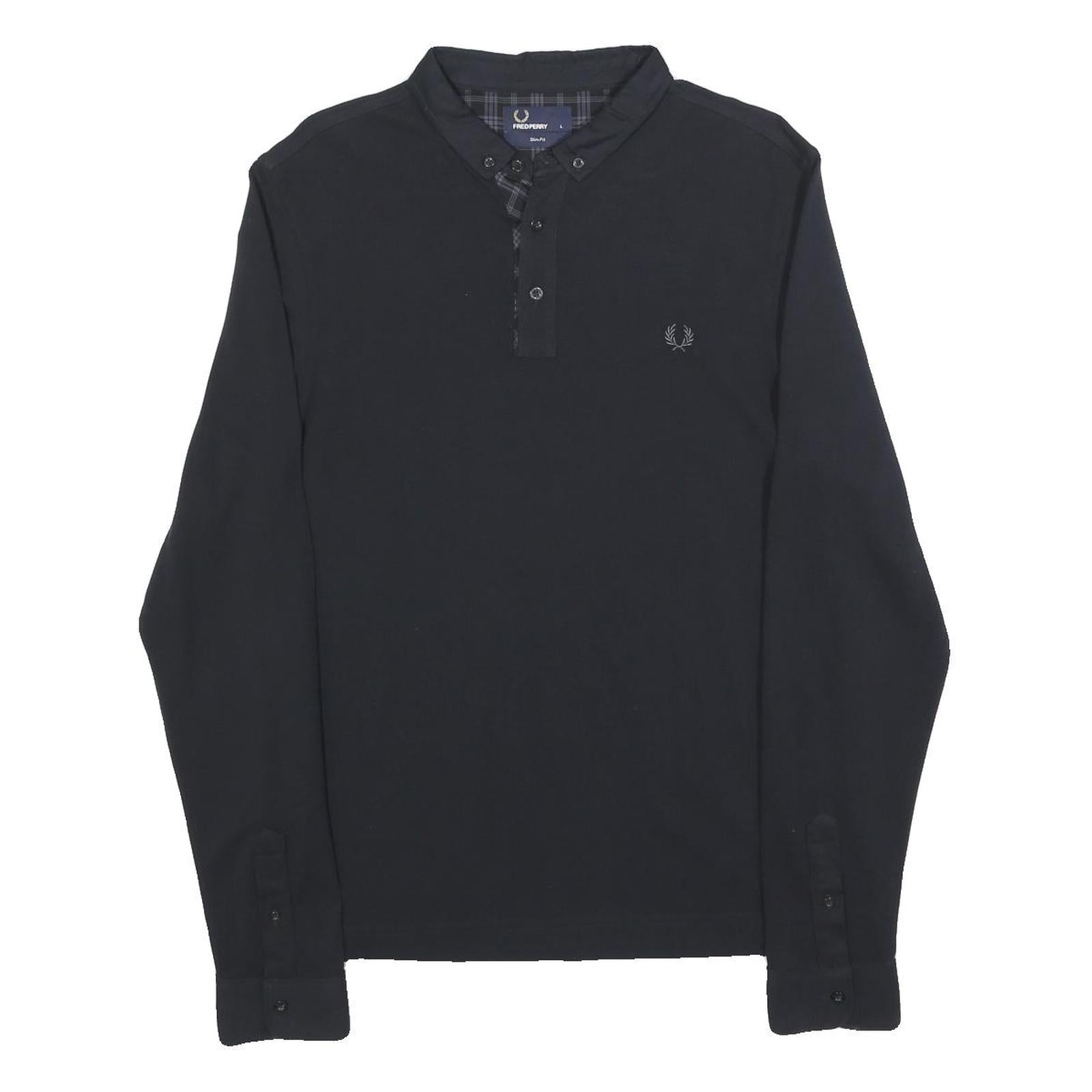 FRED PERRY Mens Black Long Sleeve Plain L Cotton Blend Polo Shirt Button Collar