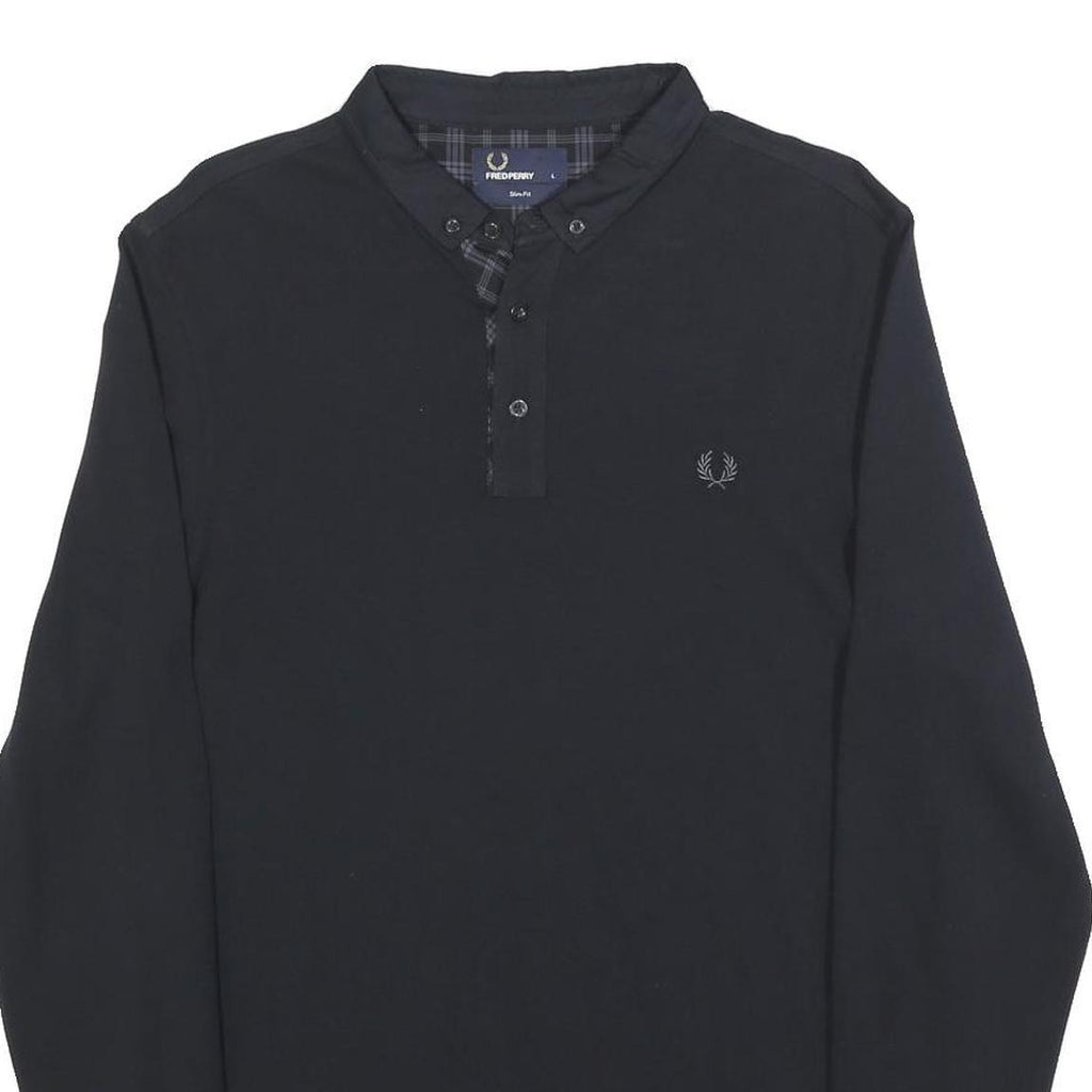 FRED PERRY Mens Black Long Sleeve Plain L Cotton Blend Polo Shirt Button Collar