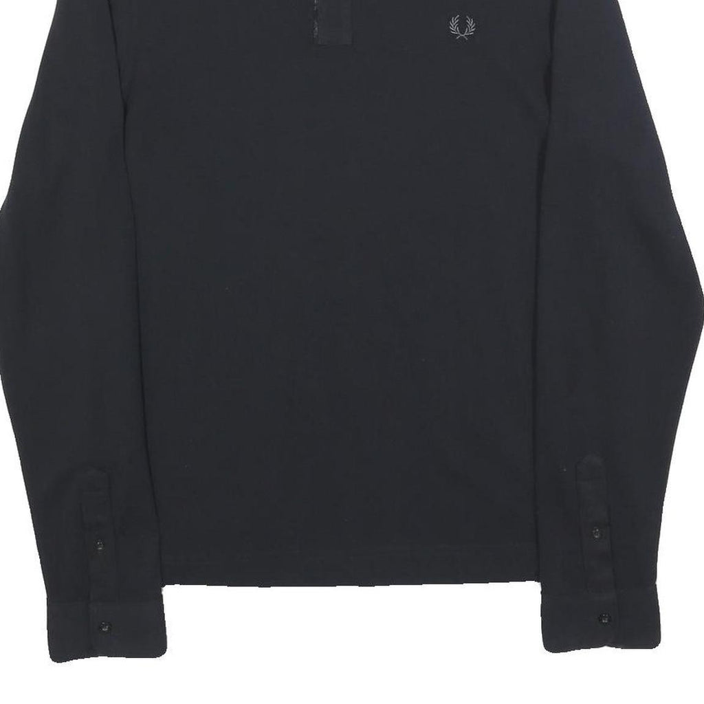 FRED PERRY Mens Black Long Sleeve Plain L Cotton Blend Polo Shirt Button Collar
