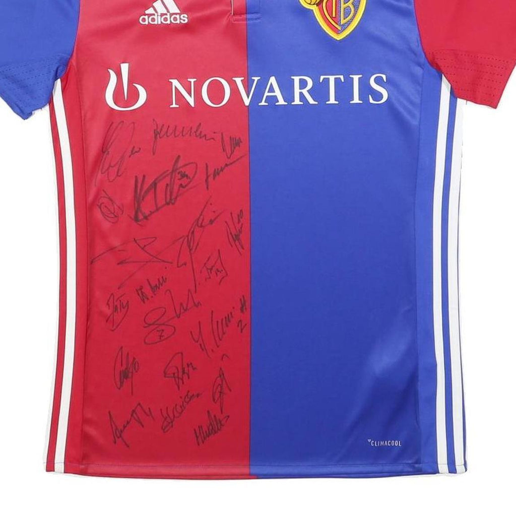 ADIDAS Mens Red & Blue FC Basel Football Shirt S Short Sleeve Crew Neck Signed
