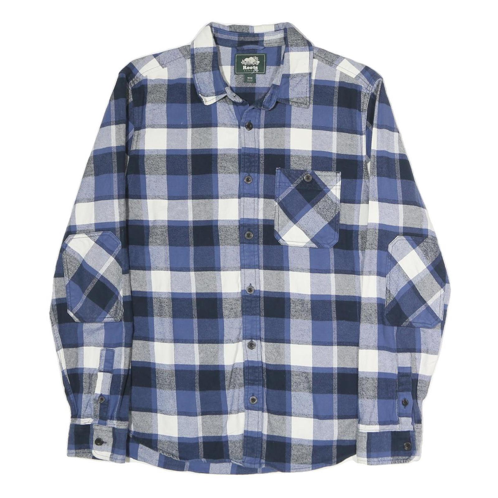 ROOTS Mens Blue Black & White Check Shirt M Casual Cotton Long Sleeve