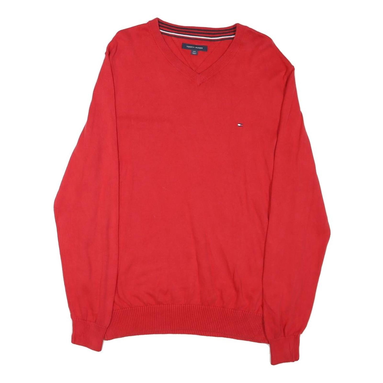 TOMMY HILFIGER Mens Red Cotton Blend Plain V-Neck Basic Knit L Jumper Sweatshirt