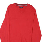 TOMMY HILFIGER Mens Red Cotton Blend Plain V-Neck Basic Knit L Jumper Sweatshirt