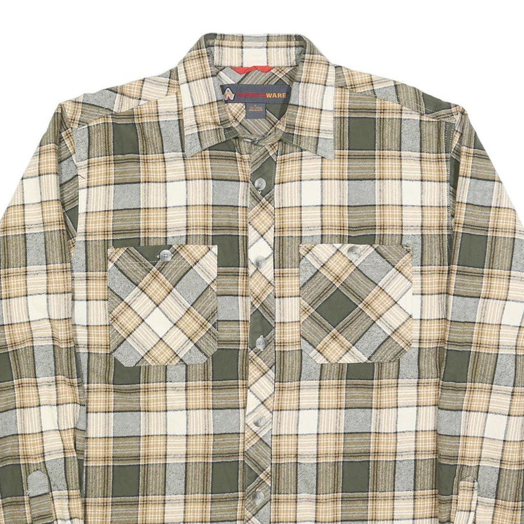 AMERICA WEAR Mens Green & Beige Check Shirt L Cotton Classic Plaid Long Sleeve