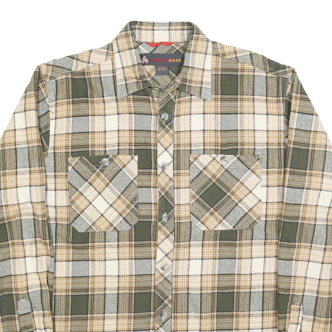 AMERICA WEAR Mens Green & Beige Check Shirt L Cotton Classic Plaid Long Sleeve