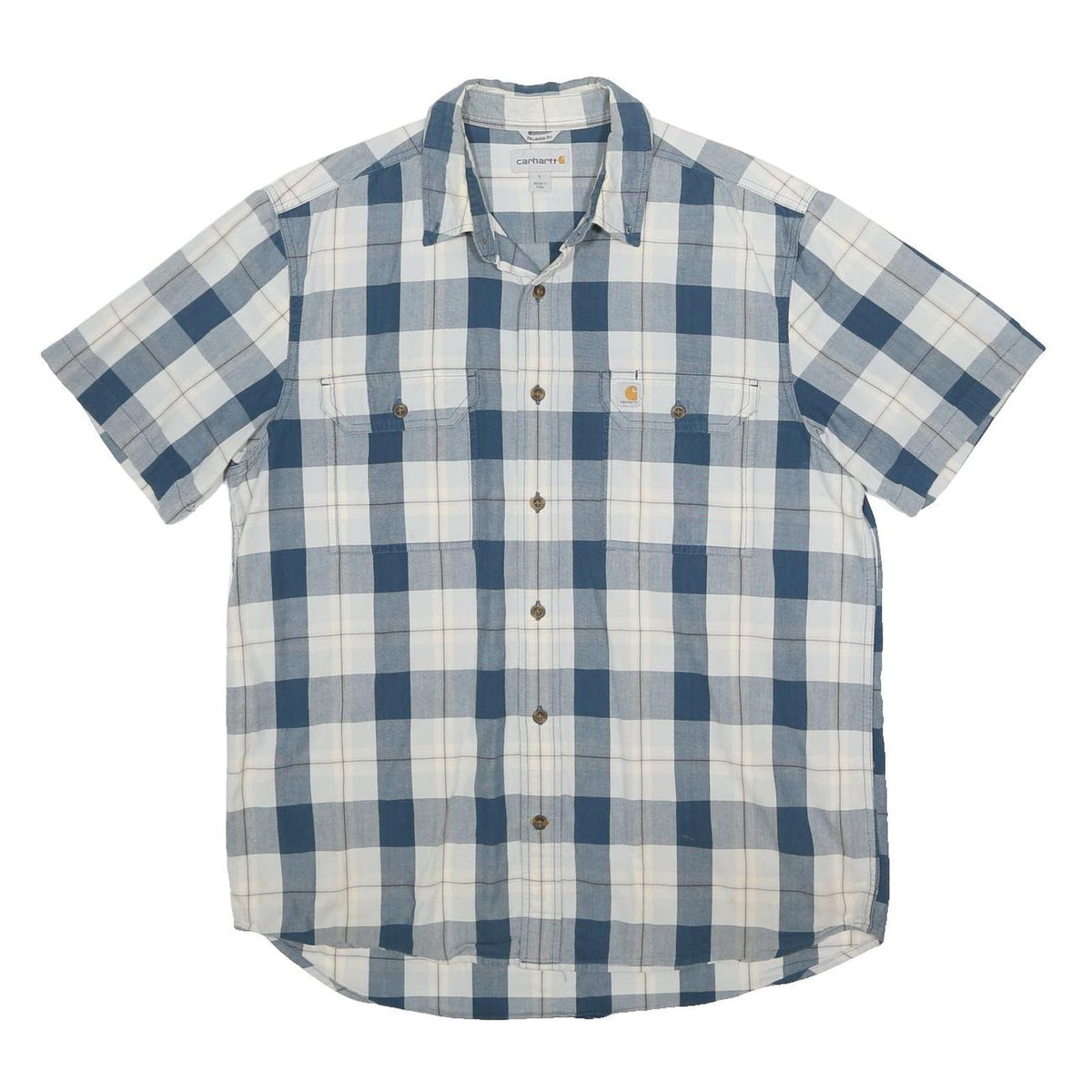 CARHARTT Mens Blue & White Check Shirt L Cotton Short Sleeve Casual Workwear