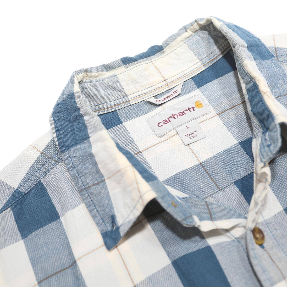 CARHARTT Mens Blue & White Check Shirt L Cotton Short Sleeve Casual Workwear