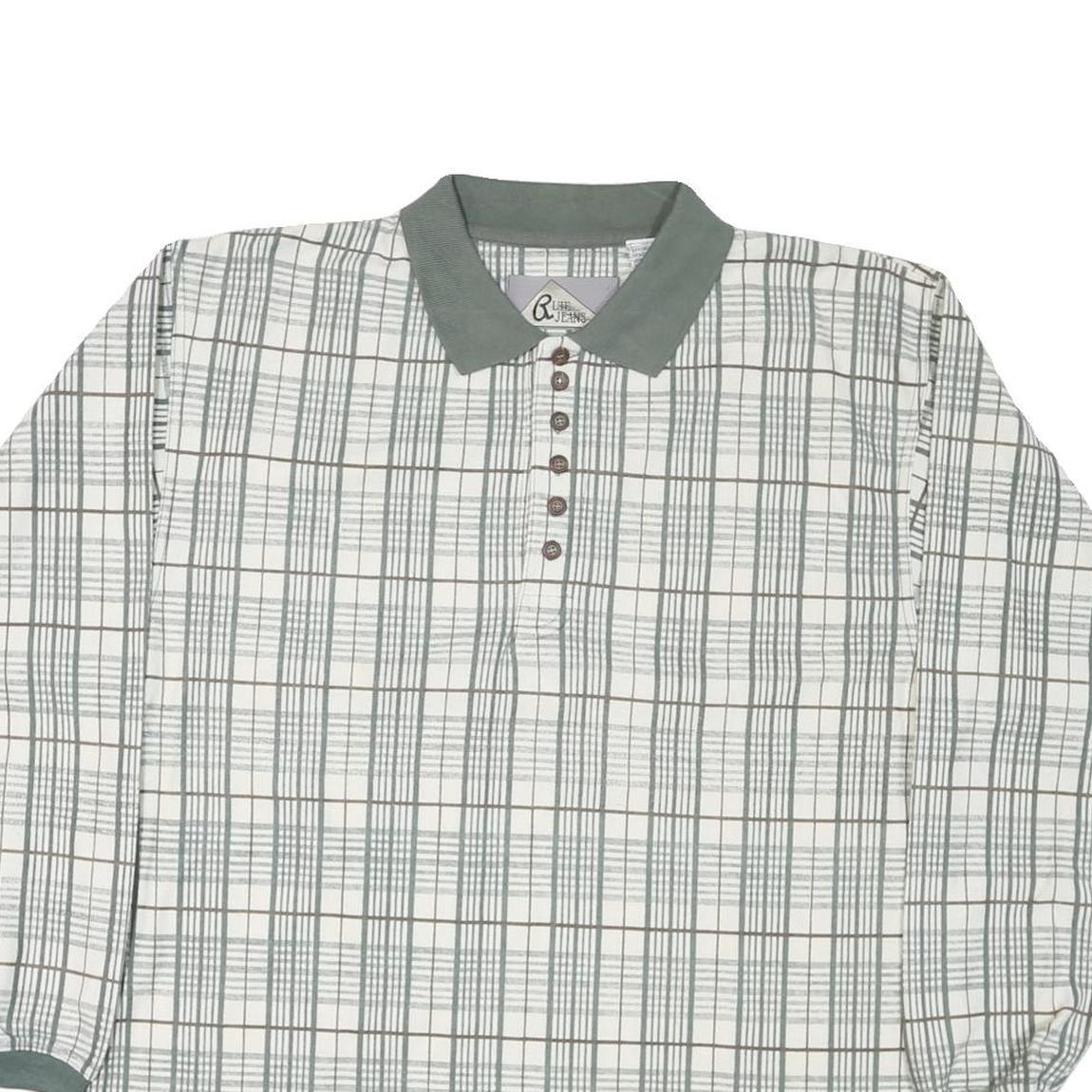 BLUE JEANS Mens White & Green Check Long Sleeve Polo Shirt M Cotton Blend