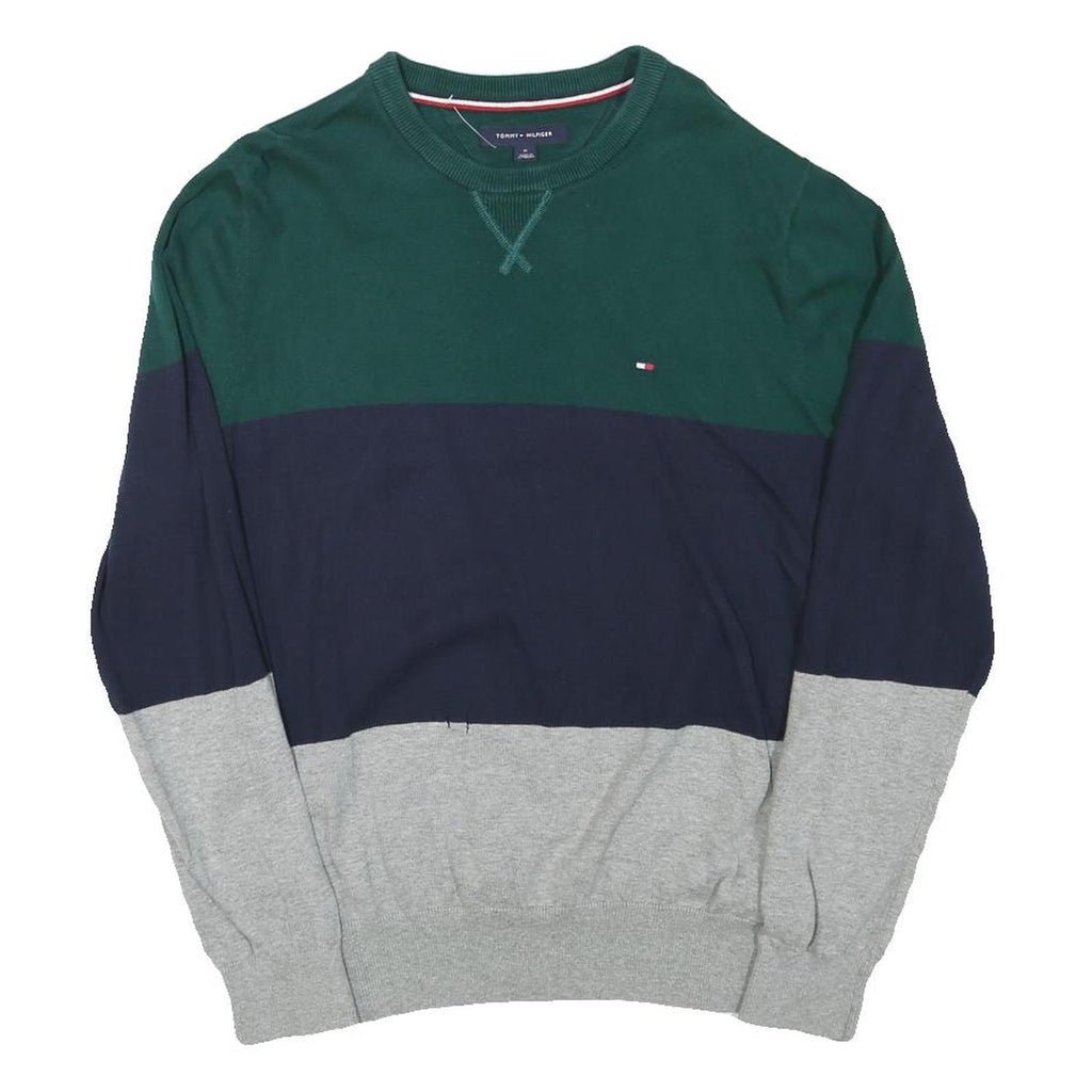 TOMMY HILFIGER Mens Green & Navy & Grey Colourblock Pattern Crew Neck Basic Knit