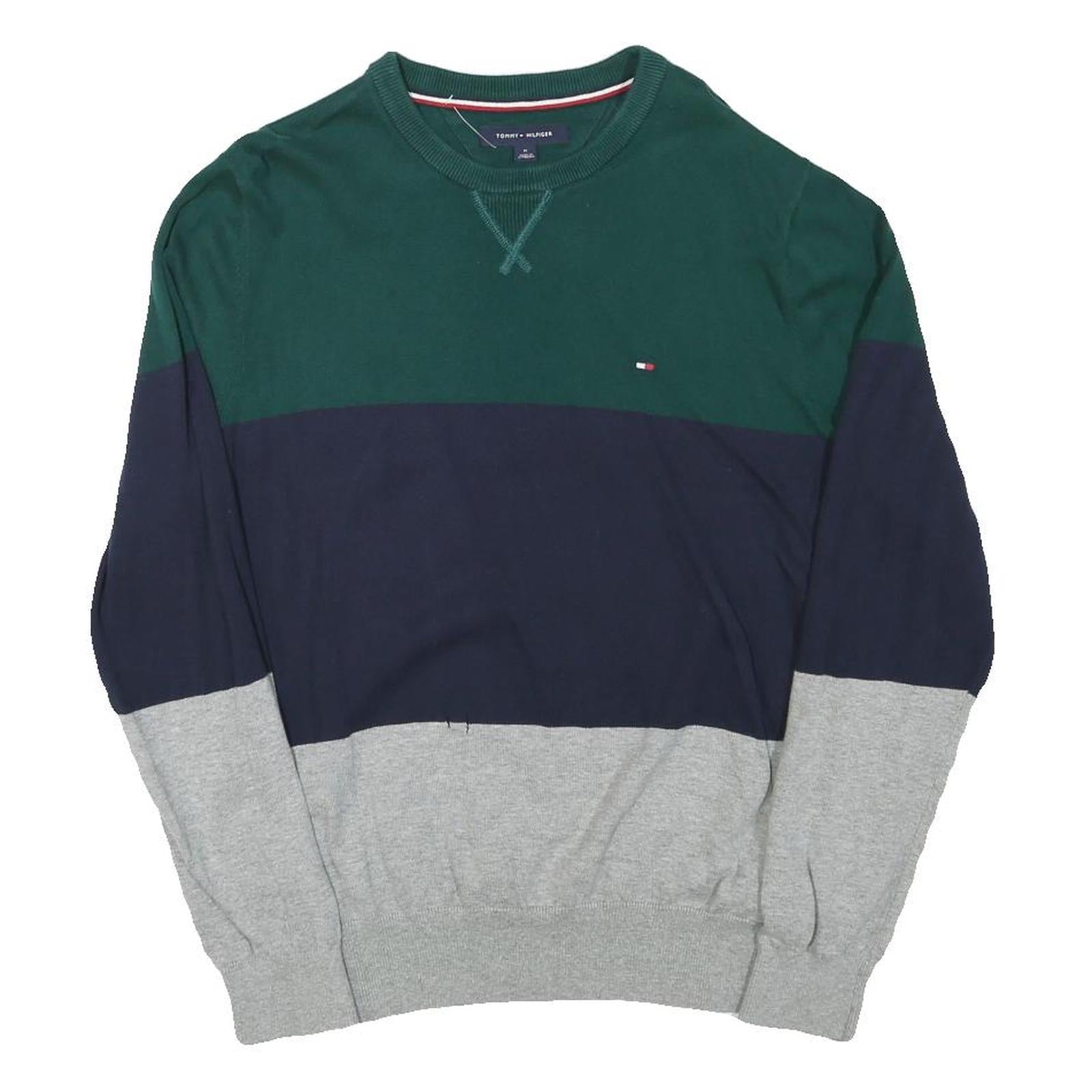 TOMMY HILFIGER Mens Green & Navy & Grey Colourblock Pattern Crew Neck Basic Knit