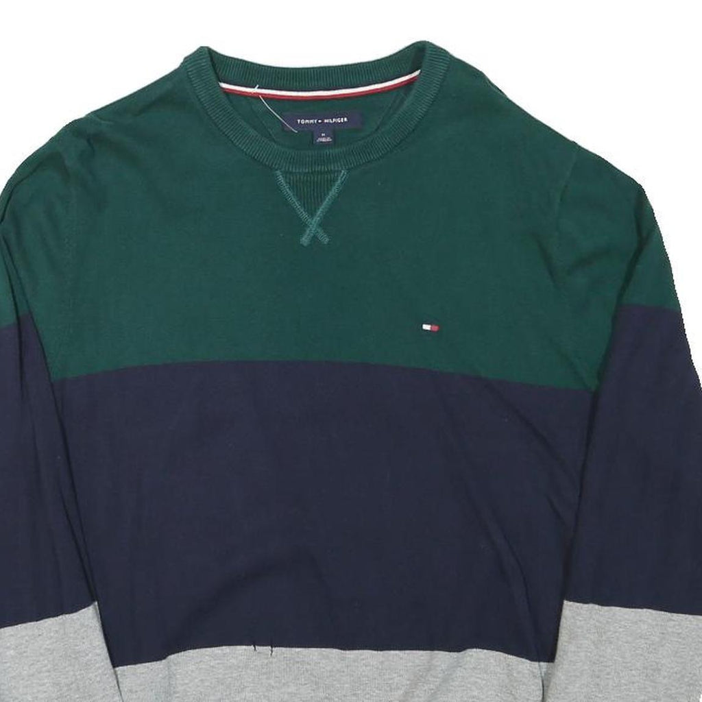 TOMMY HILFIGER Mens Green & Navy & Grey Colourblock Pattern Crew Neck Basic Knit