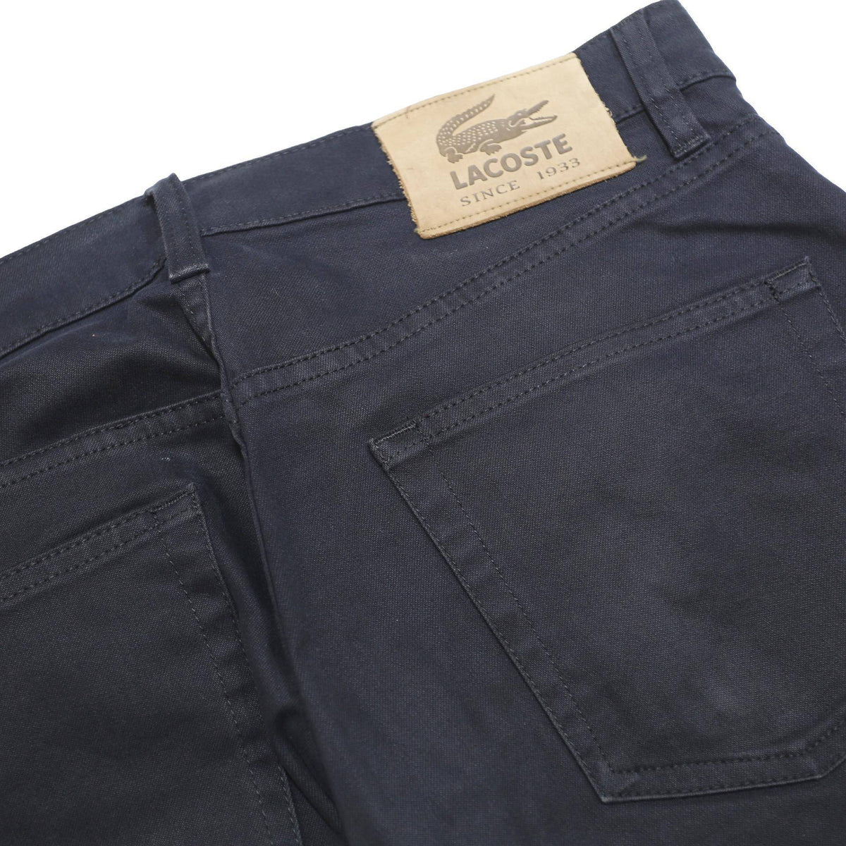 LACOSTE Mens Cotton Blend Navy Regular Straight Trousers W33 L30 Classic Zip