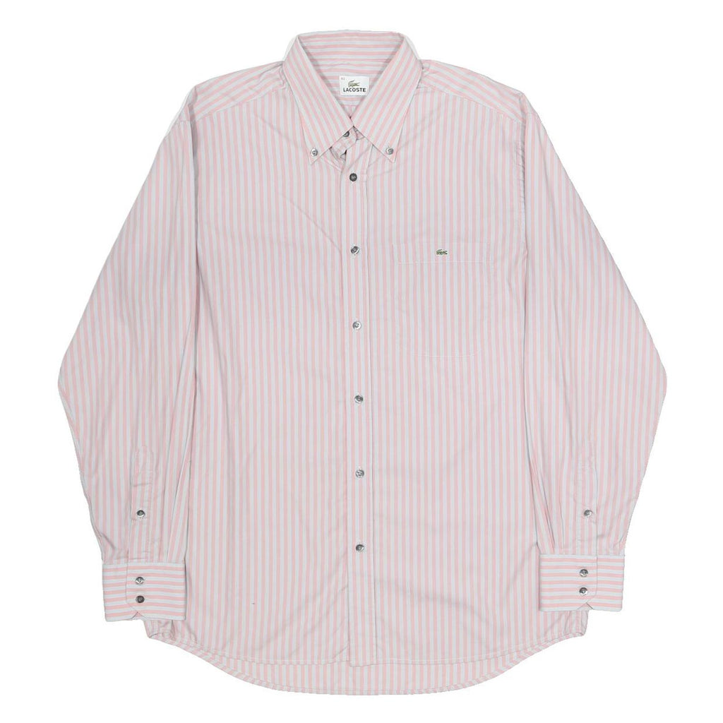 LACOSTE Mens White & Pink Stripe Shirt L Cotton Long Sleeve Button Down Collar