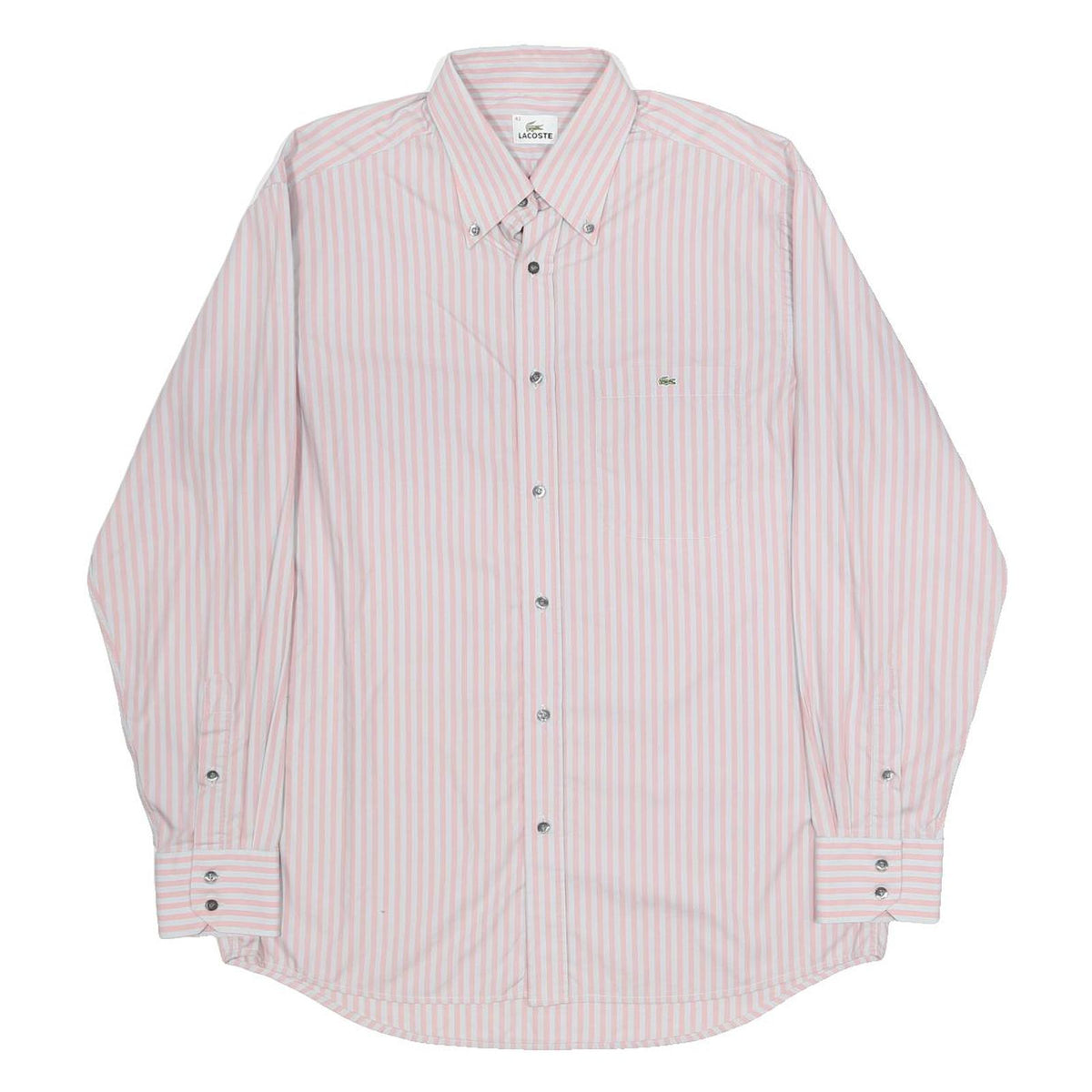 LACOSTE Mens White & Pink Stripe Shirt L Cotton Long Sleeve Button Down Collar